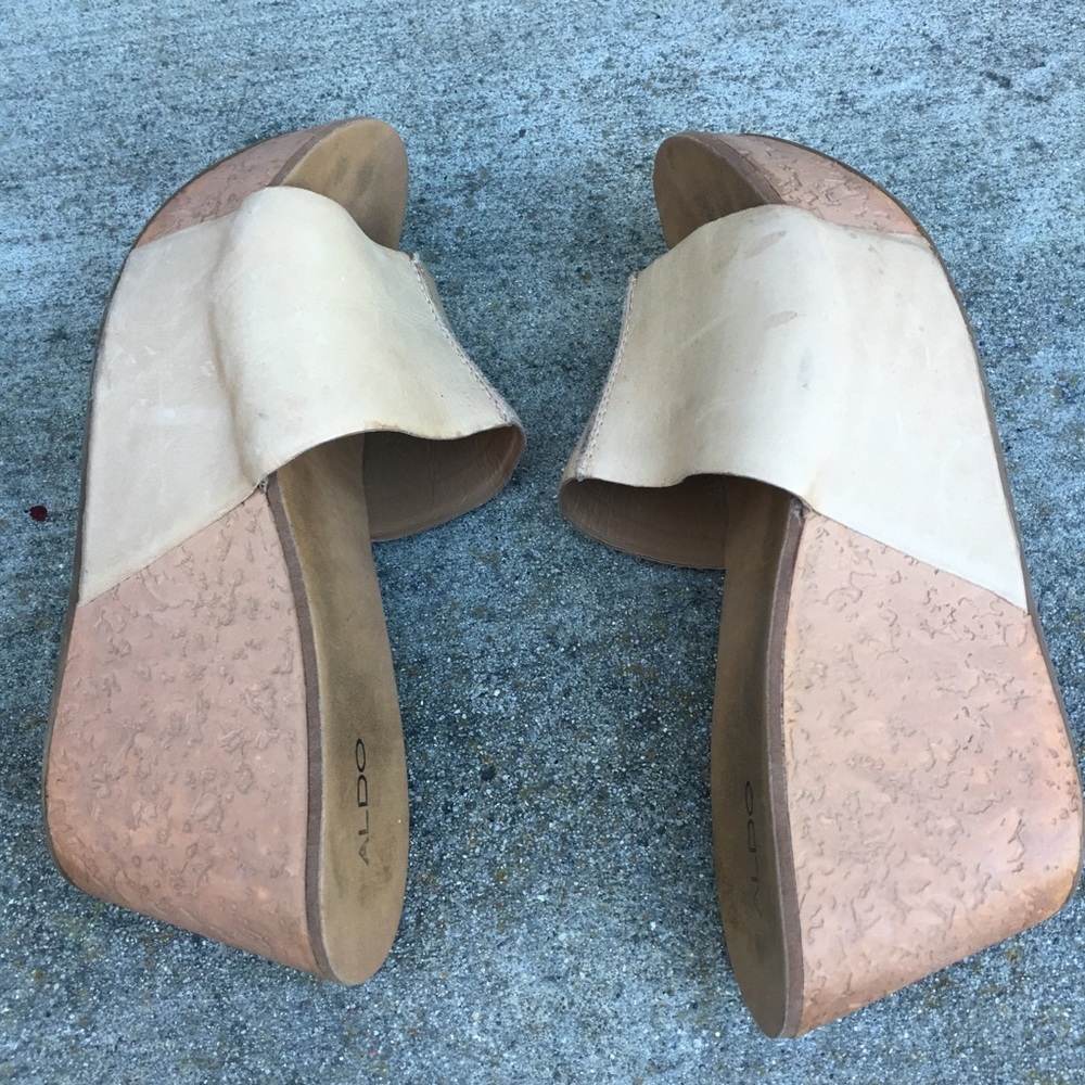 ALDO Tan Leather Slide On  Platform Wedge Sandals - Picture 4 of 8